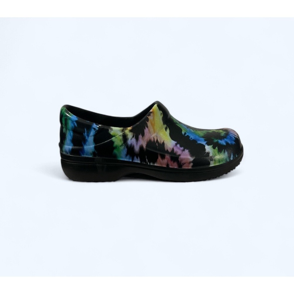 Crocs Womens 9 Black Tie Dye Wedge Duel Comfort Clogs Nurse Workwear Slip Resist